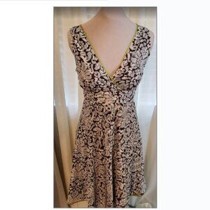 Robbie Bee Sleeveless P12 100% Cotton Dress/Lined Brown Floral/Lime Green Trim